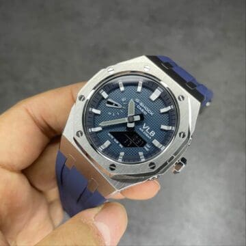 silver case navy blue gshock casioak with silver index